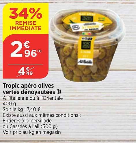 Tropic Apéro Olives Vertes Dénoyautées