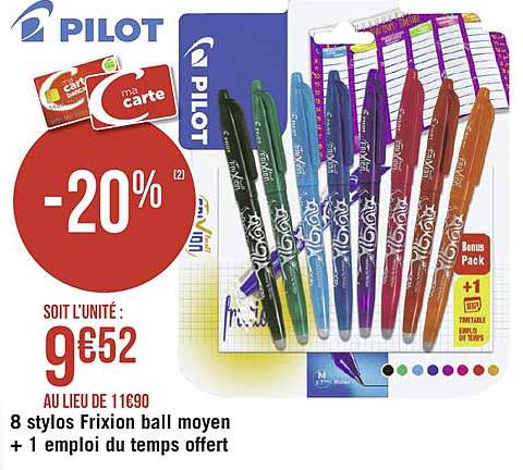 8 Stylos Frixion Ball Moyen + 1 Emploi Du Temps Offert Pilot