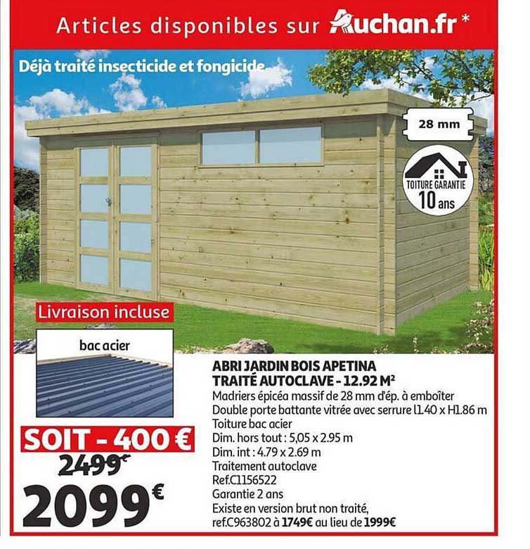 abri jardin bois apetina traité autoclave 12.92 m²