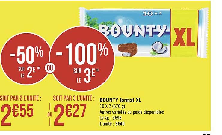 bounty format xl -50% sur le 2e ou -100% sur le 3e
