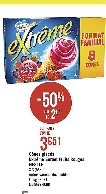 Cônes Glacés Extrême Sorbet Fruits Rouges Nestlé -50% Sur Le 2e