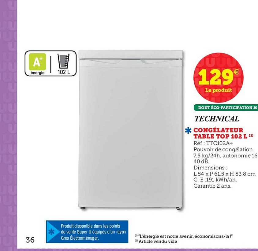 Congélateur Table Top 102 Litres Technical