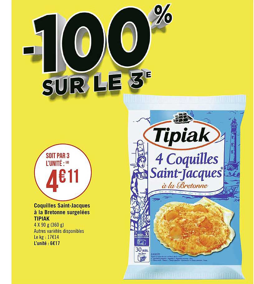 coquilles saint jacques à la bretonne surgelées tipiak -100% sur le 3e
