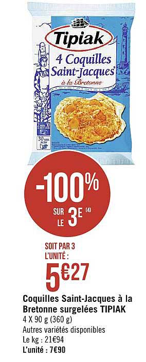 coquilles saint jacques à la bretonne surgelées tipiak -100% sur le 3e