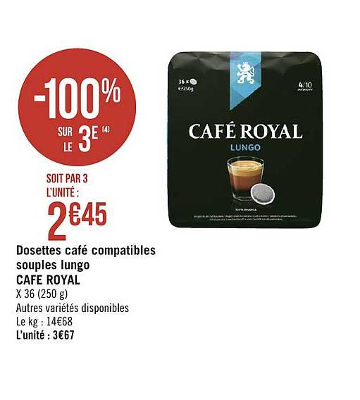 dosettes café compatibles souples café royal lungo -100% sur le 3e
