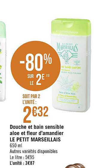 douche et bain sensible aloe et fleur d amandier le petit marseillais -80% sur le 2e