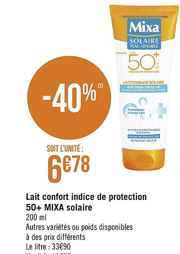 lait confort indice de protection 50+ mixa solaire