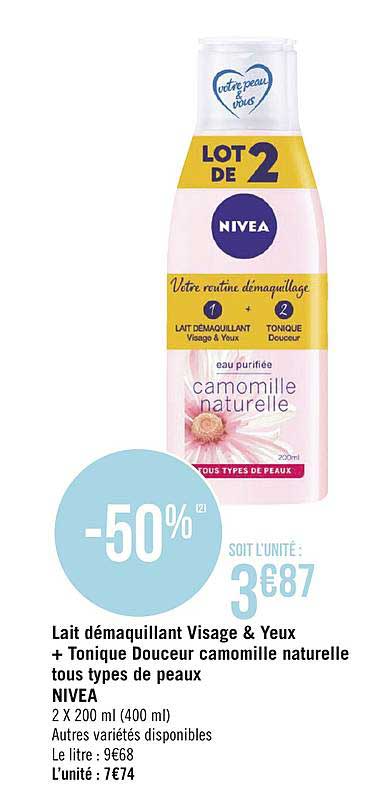 lait démaquillant visage & yeux + tonique douceur camomille naturelle tous types de peaux nivea