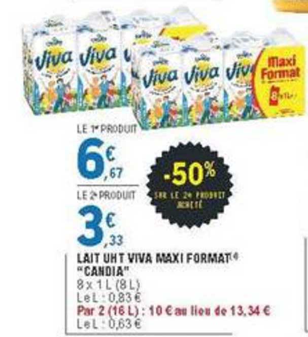 lait uht viva maxi format candia -50% sur le 2e produit acheté