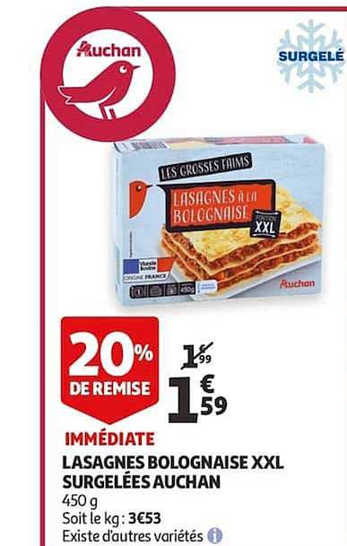 Lasagnes Bolognaise Xxl Surgelées Auchan 20% De Remise Immédiate