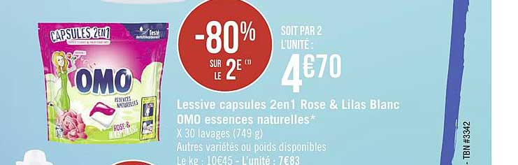 lessive capsules 2en1 rose & lilas blanc omo essences naturelles -80% sur le 2e