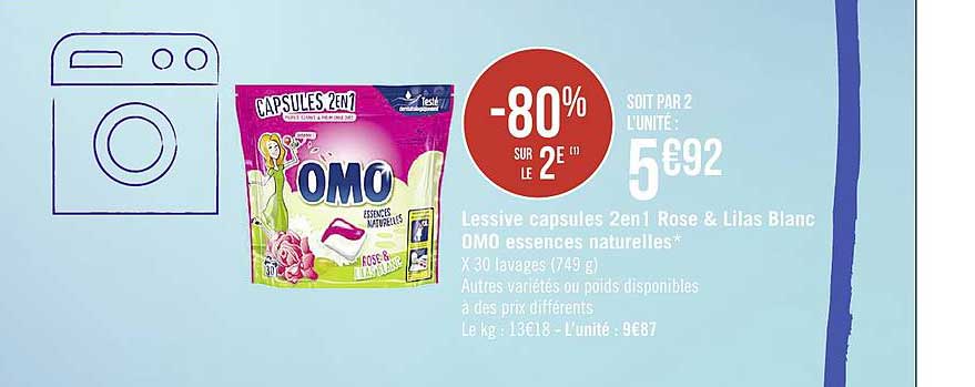 lessive capsules 2en1 rose & lilas blanc omo essences naturelles  -80% sur le 2e