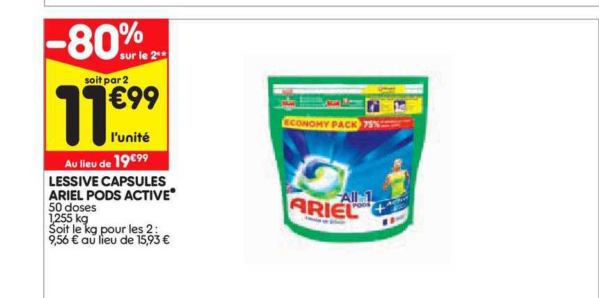 Lessive Capsules Ariel Pods Active  -80% Sur Le 2e