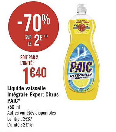 Liquide Vaisselle Paic Intégral+ Expert Citrus -70% Sur Le 2e