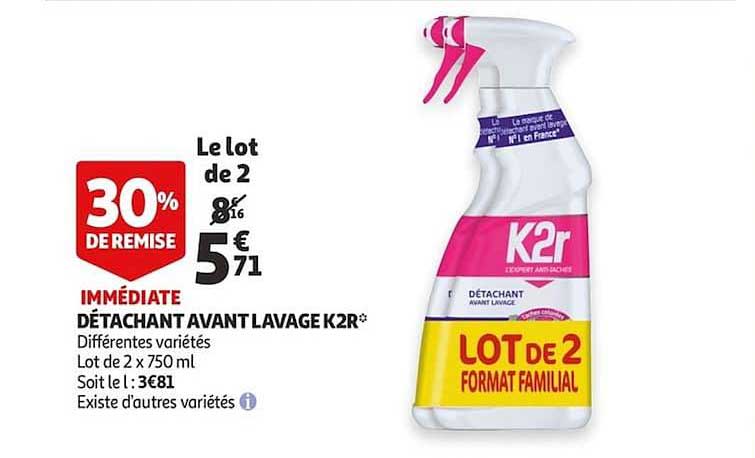 lot de 2 détachant avant lavage k2r  30% de remise immédiate
