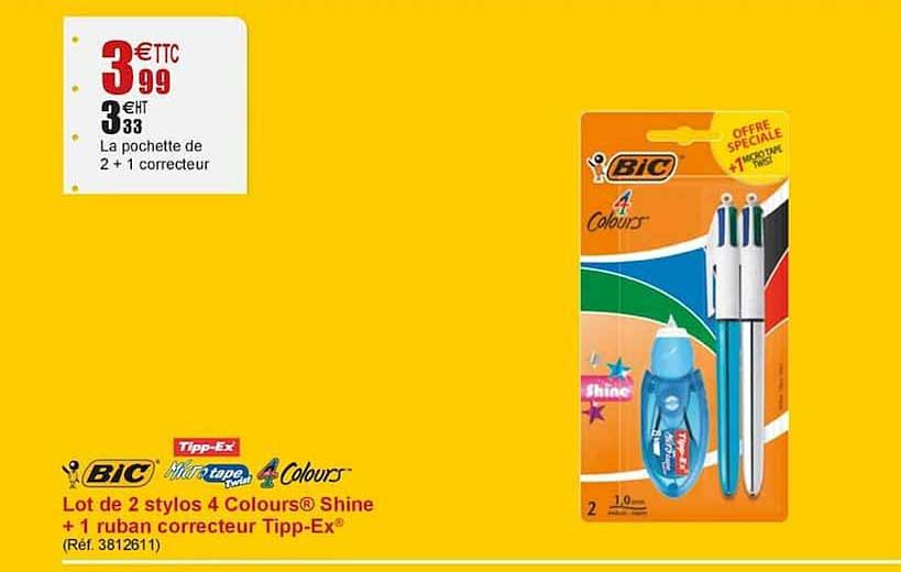 Lot De 2 Stylos 4 Coulours Shine + 1 Ruban Correcteur Tipp Ex Bic
