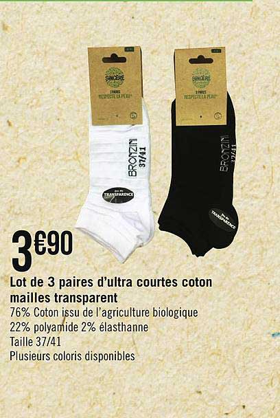 lot de 3 paires d'ultra courtes coton mailles transparent