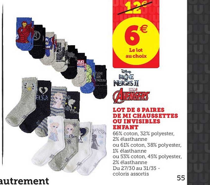 lot de 8 paires de mi chaussettes ou invisibles enfant avengers reine des neiges