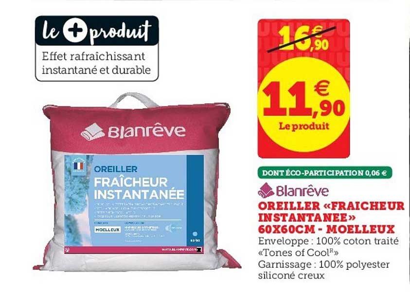 oreiller 60x60 cm fraîcheur instantanée moelleux blanrêve