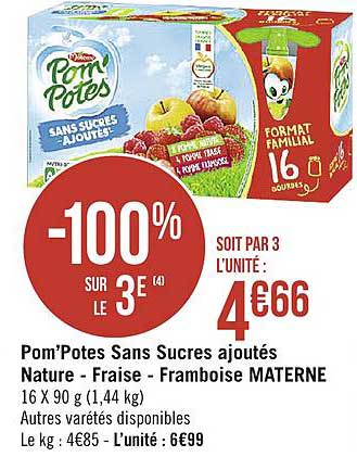 pom potes sans sucres ajoutés nature fraise framboise materne  -100% sur le 3e