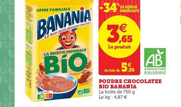 poudre chocolatée bio banania -34% de remise immédiate