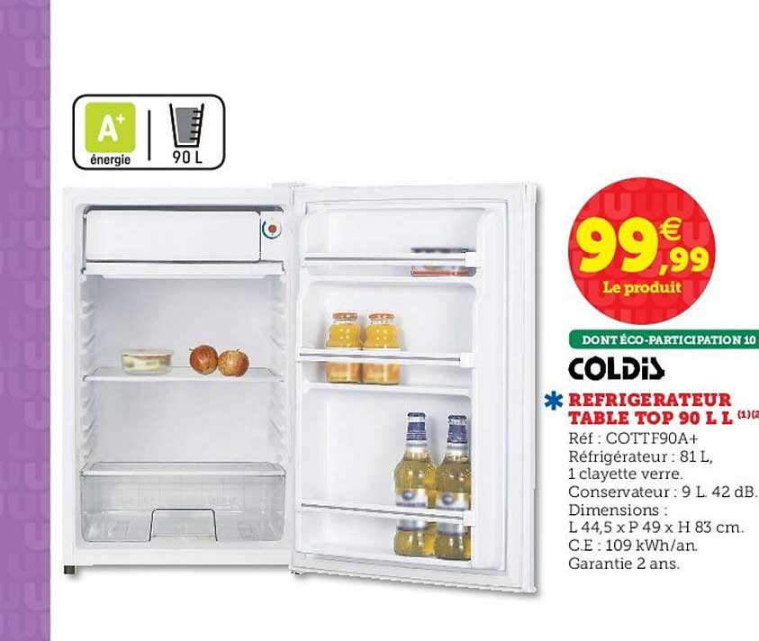 réfrigérateur table top 90 litres coldis