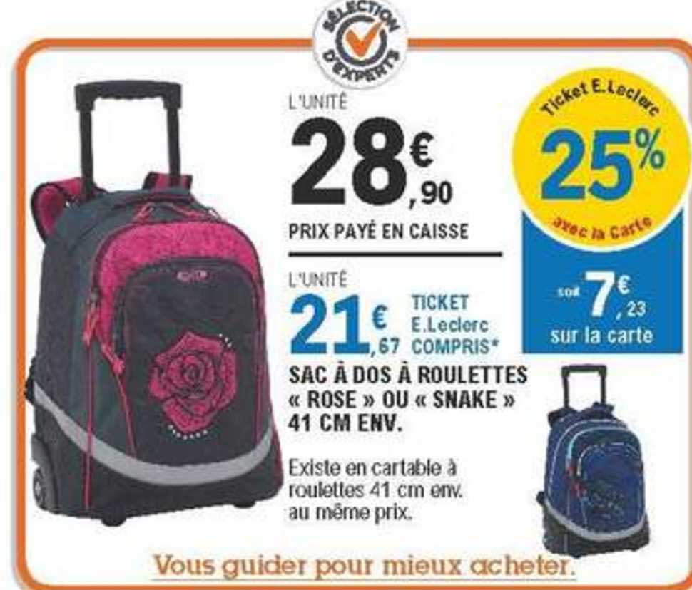 sac à dos à roulettes rose ou snake 41 cm env.