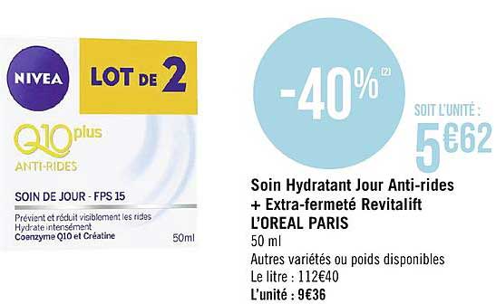 soin hydratant jour anti rides + extra fermeté revitalift l'oréal paris