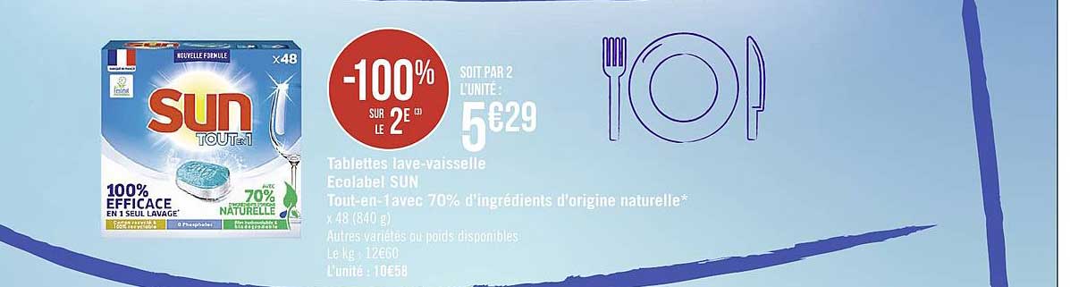Tablettes Lave Vaisselle Ecolabel Sun -100% Sur Le 2e