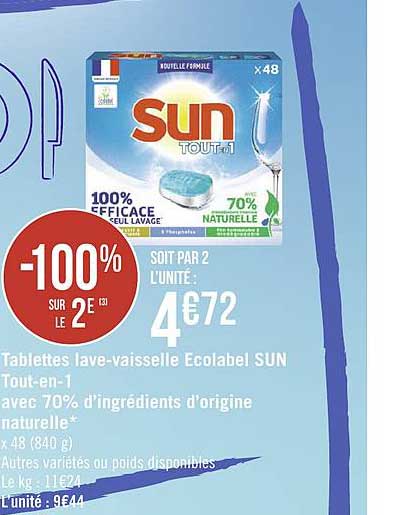 tablettes lave vaisselle ecolabel sun tout en 1 -100% sur le 2e