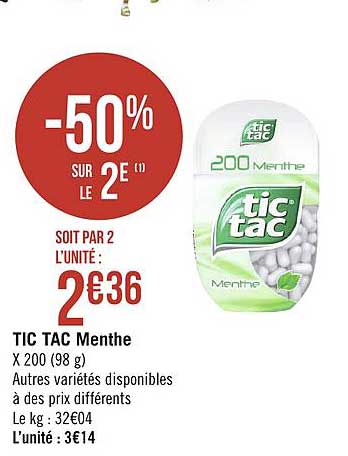 tic tac menthe -50% sur le 2e