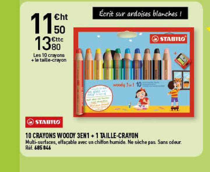 10 crayons woody 3 en 1 + 1 taille-crayons stabilo