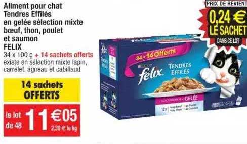 aliment pour chat tendres effilés en gelée sélection mixte bœuf, thon, poulet et saumon felix