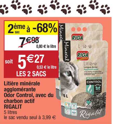 litière minérale agglomérante odor control, avec du charbon actif rigalit