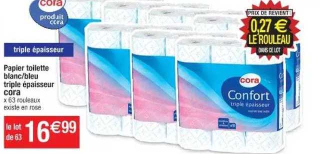 papier toilette blanc-bleu triple épaisseur cora