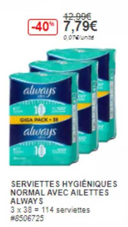 serviettes hygiéniques normal avec ailettes always