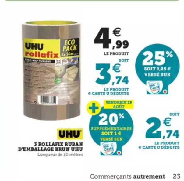 3 rollafix ruban d'émballage brun uhu