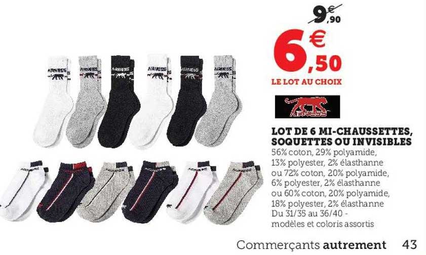6 mi-chaussettes, soquettes ou invisibles