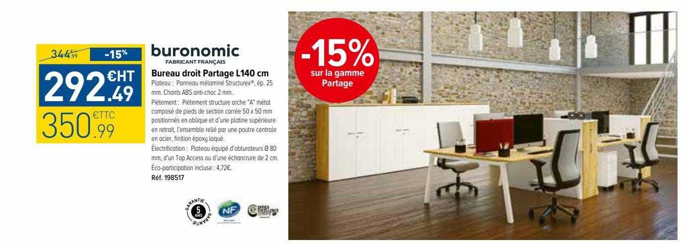bureau droit partage l 140 cm buronomic