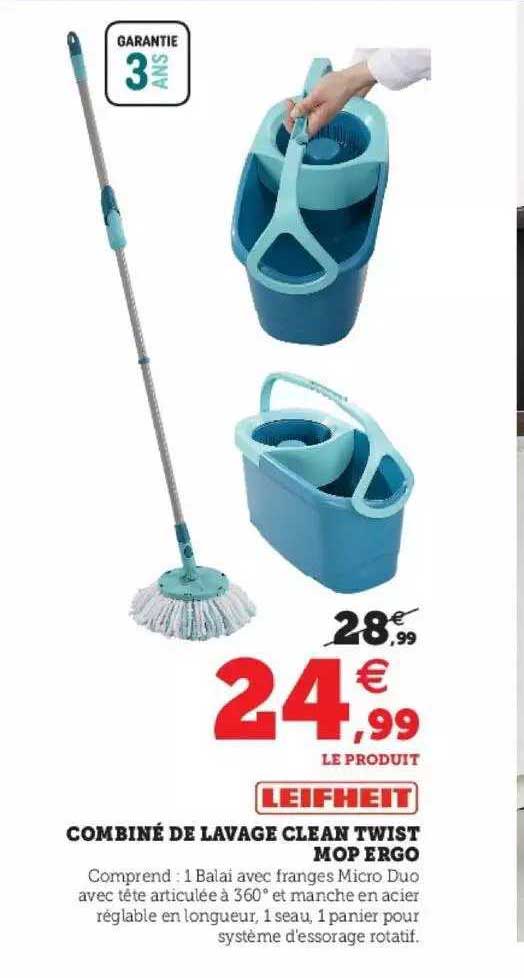 combiné de lavage clean twist mop ergo leifheit