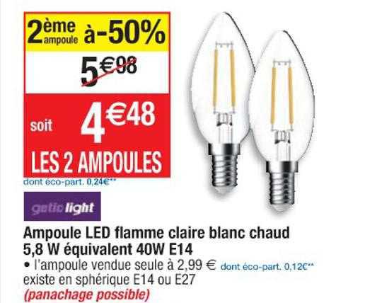 geticlight ampoule led flamme claire blanc chaud 5,8w équivalent 40w e14