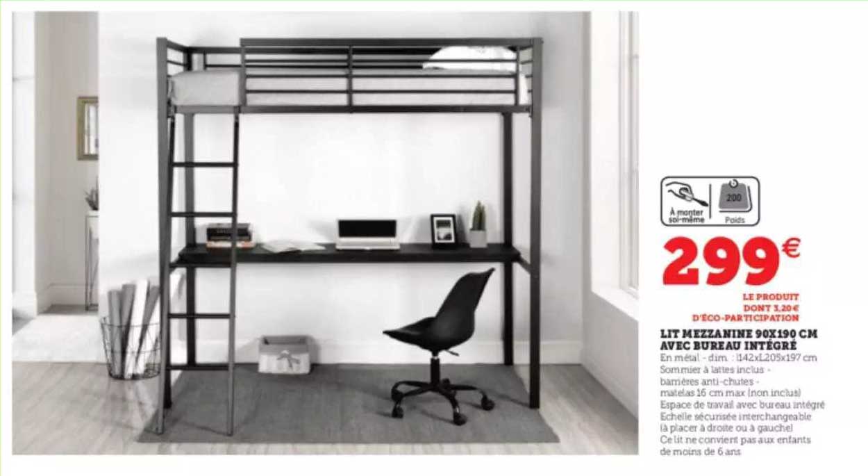 lit mezzanine 90x190 cm avec bureau intégré