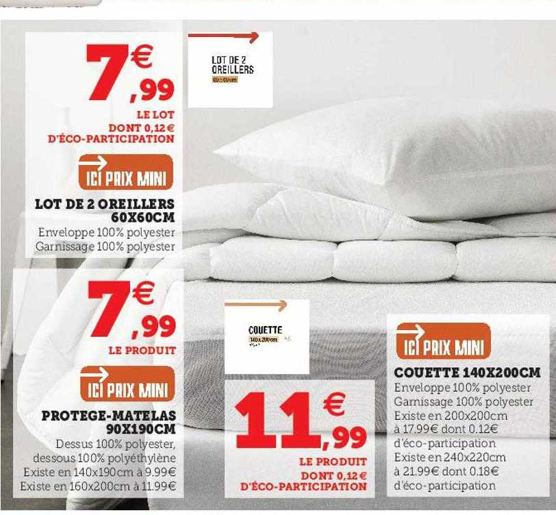 lot de 2 oreillers 60 x 60 cm, protège-matelas 90 x 190 cm, couette 140 x 200 cm