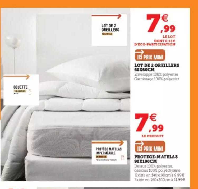 lot de 2 oreillers 60x60cm ou protège-matelas 90x190cm