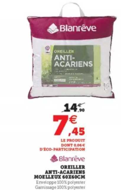 oreiller anti-acariens moelleux 60x60cm blanrêve