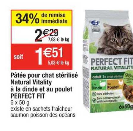 pâtée pour chat stérilisé natural vitality à la dinde et au poulet perfect fit