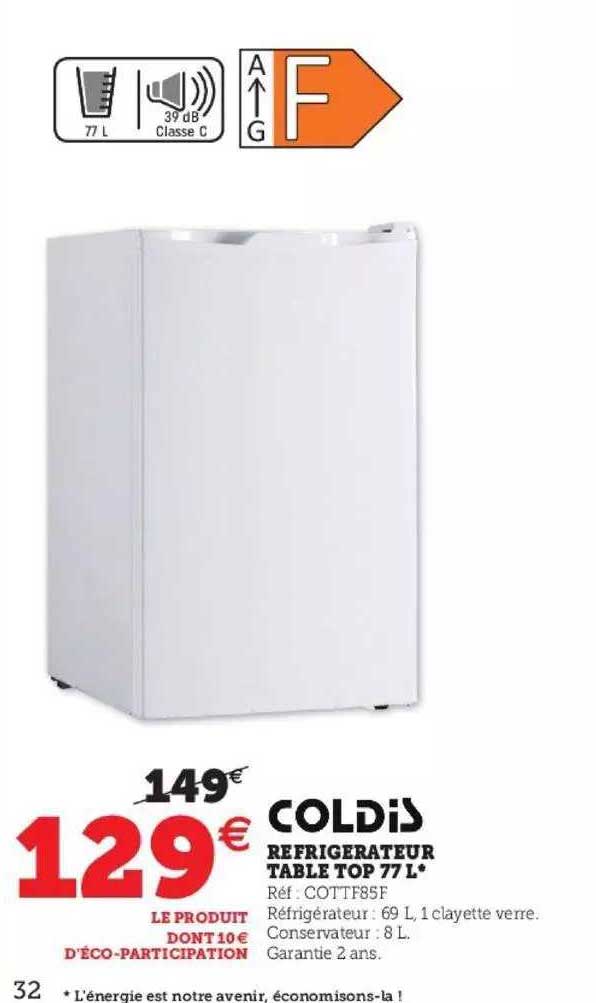 réfrigérateur table top 77 l coldis