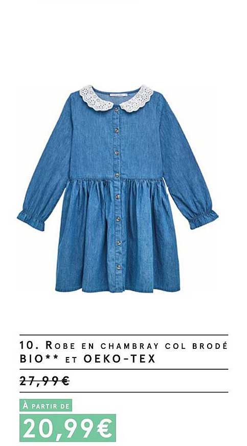 robe en chambray col brodé bio et oeko-tex