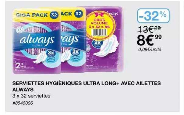 serviettes hygièniques ultra long+ avec ailettes always