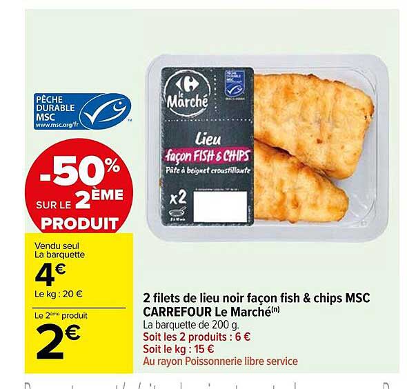 2 filets de lieu noir façon fish & chips msc carrefour le marché